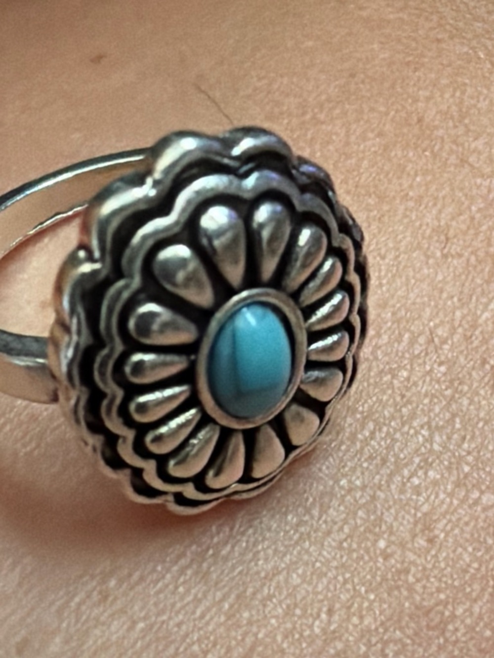 Turquoise Center Silver Floral Ring - Women Jewelry